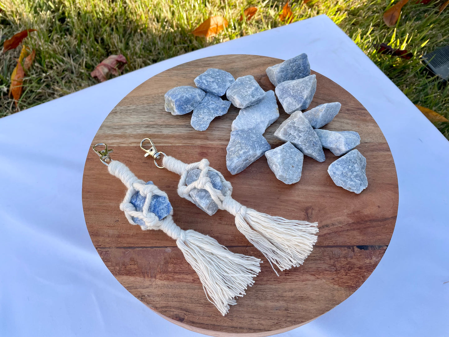 Blue Quartz Crystal Macrame Keychain