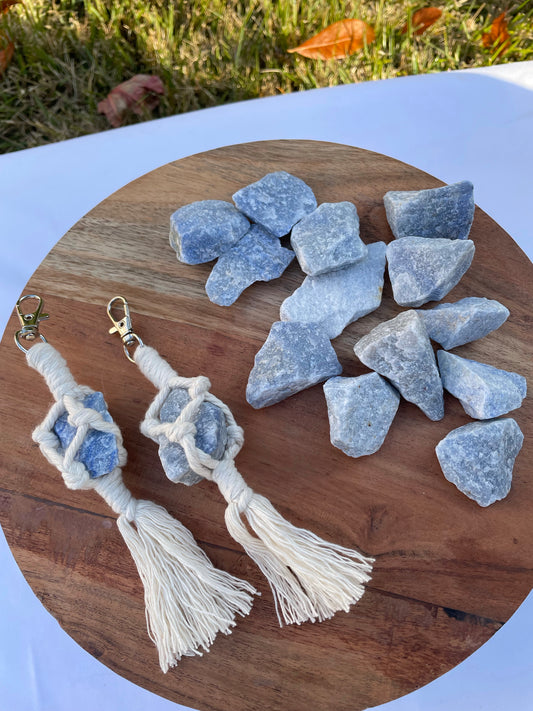 Blue Quartz Crystal Macrame Keychain