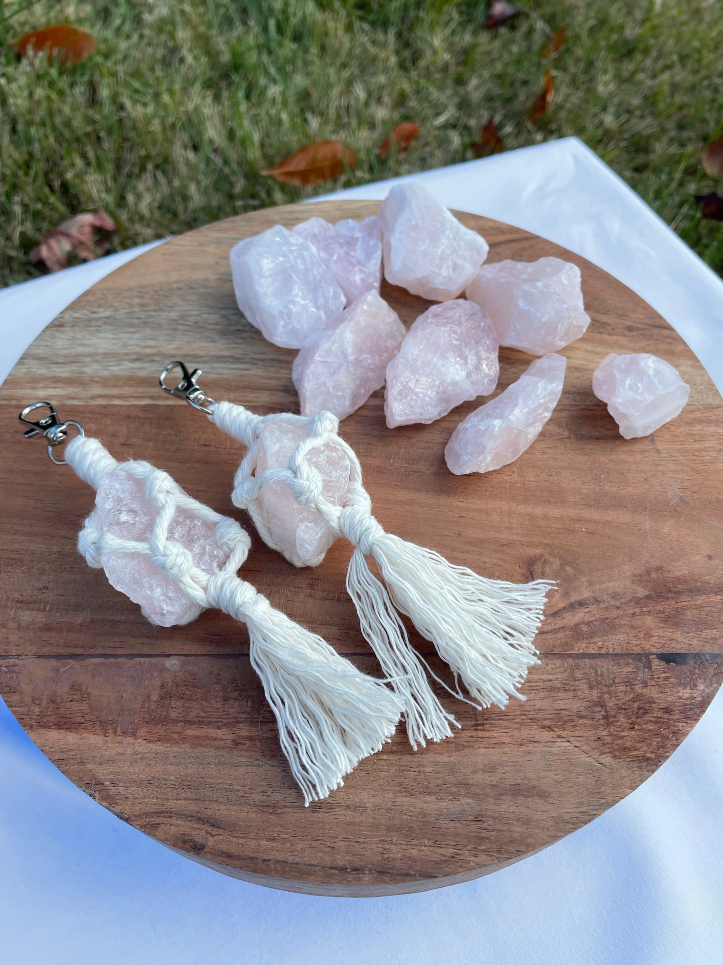 Rose Quartz Crystal Macrame Keychain