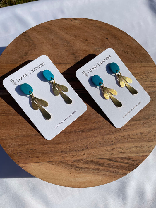 Electric Blue Gold Leaf Earrings