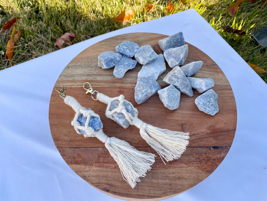 Blue Quartz Crystal Macrame Keychain
