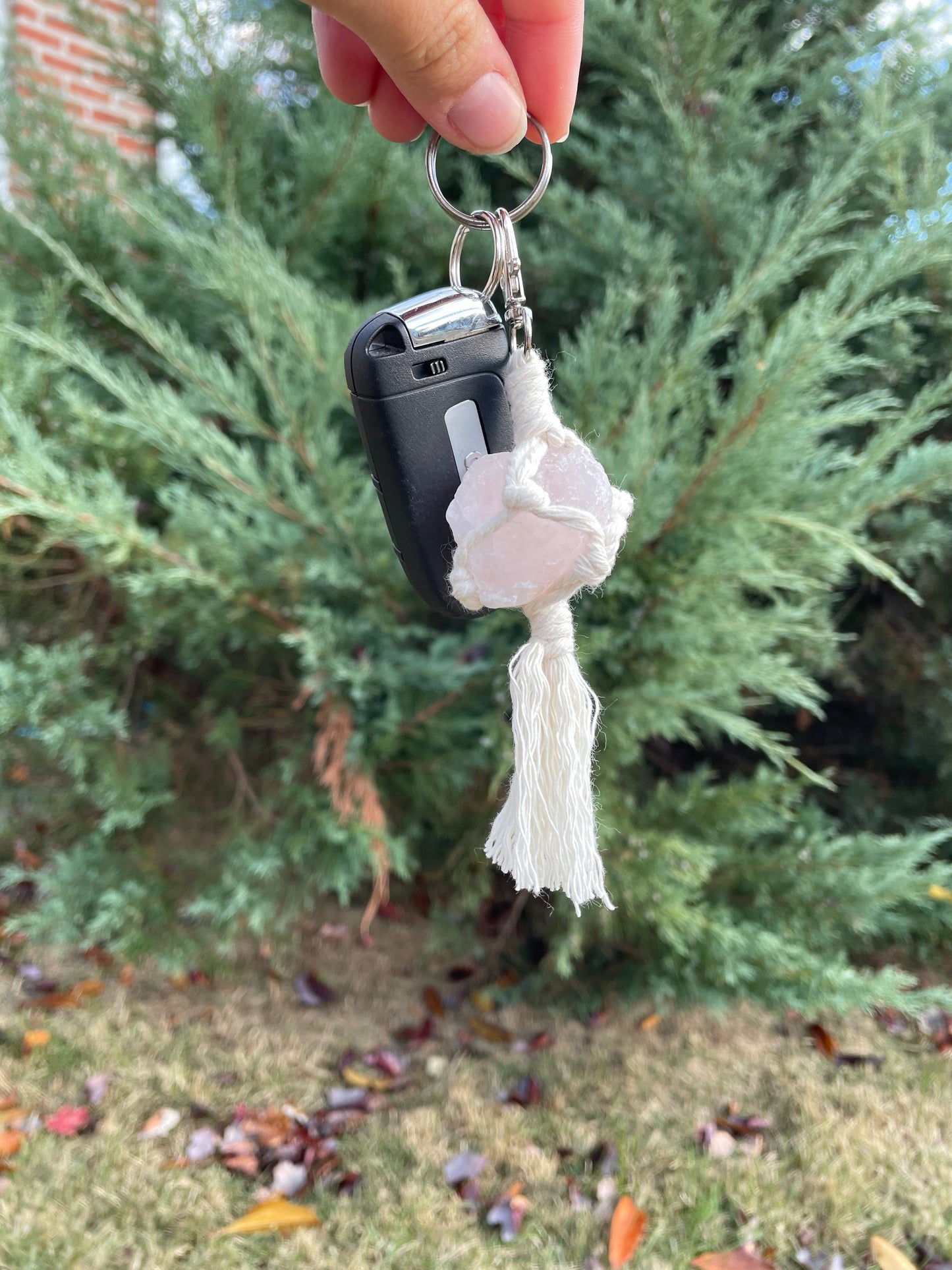 Rose Quartz Crystal Macrame Keychain