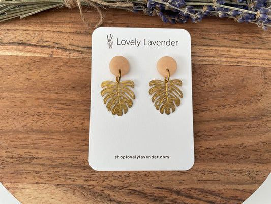 Peach Monstera Leaf Earrings