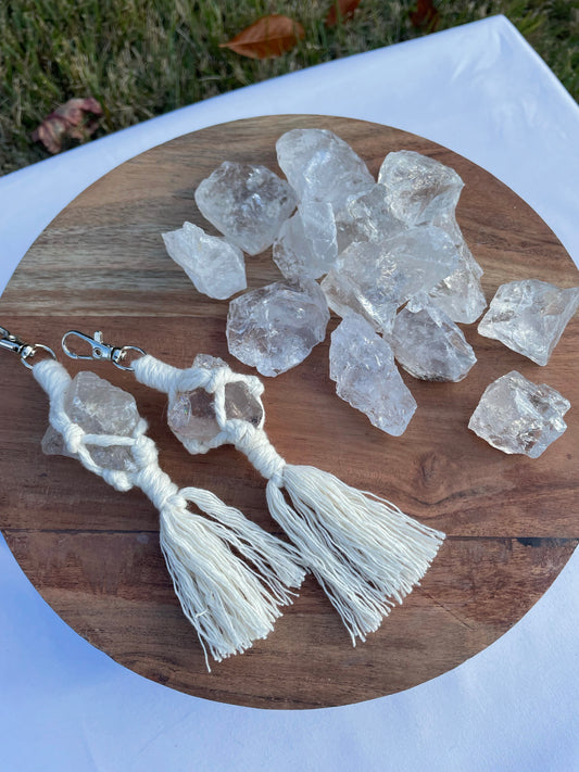 Clear Quartz Crystal Macrame Keychain