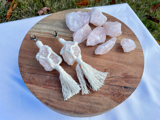 Rose Quartz Crystal Macrame Keychain