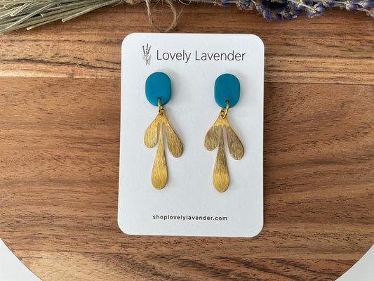 Electric Blue Gold Leaf Earrings
